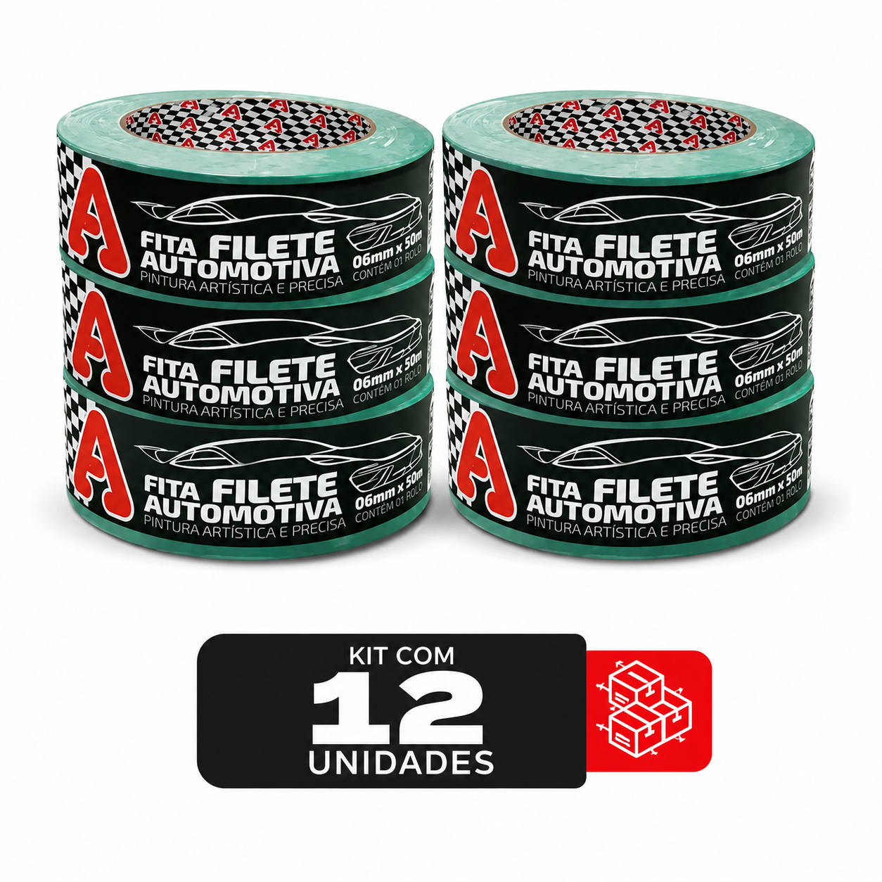 Kit 12 - Fita Crepe Automotiva Verde Filete Adere 525 06mmx50m